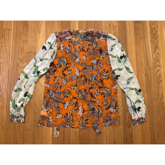 Tory Burch Kia Tie Neck Silk Blouse Orange Long Sleeve Multi Floral Size 6 - Picture 13 of 14